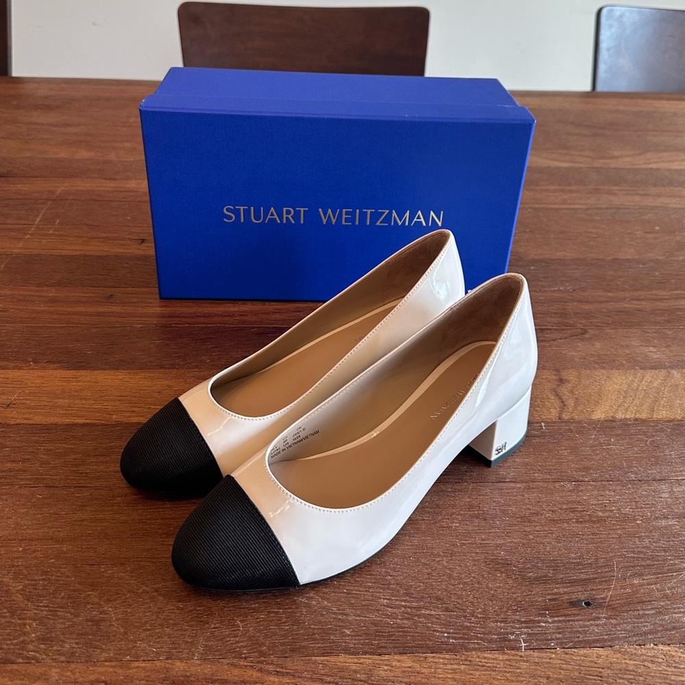 Stuart Weitzman Gabby 45 Block Heel Pump 8 White Black Leather New in Box